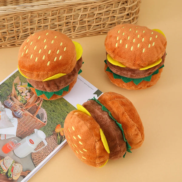 Squeaky Hamburger Plush Dog Toy — Crinkle Chew for Dogs