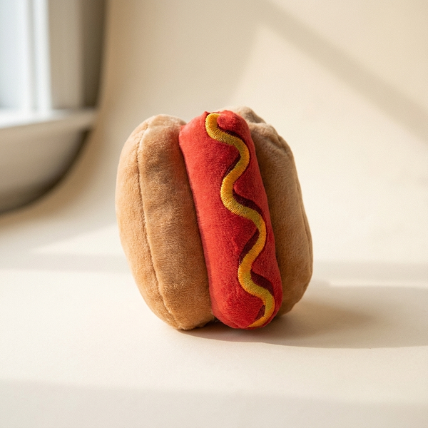 Hot dog-shaped plush squeaky dog toy on a cream studio background