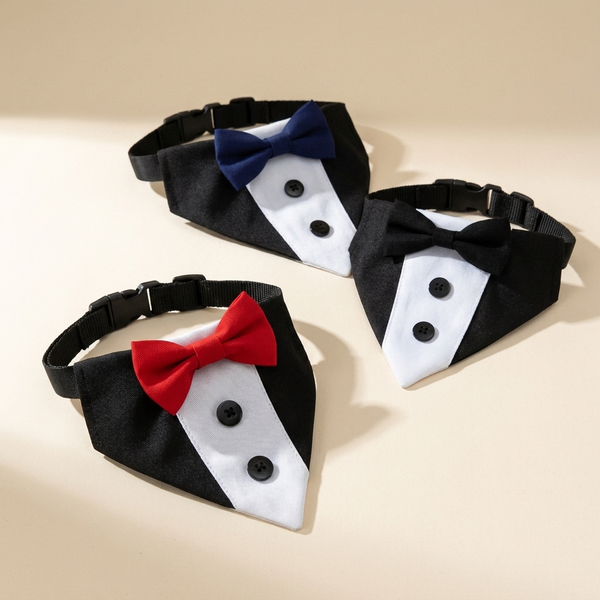 Pet wedding suit bib with bow-tie collar on a cream studio background