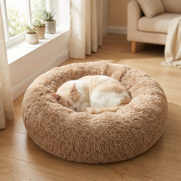 Round Long-Plush Cat Bed – Fluffy Cuddle Basket for Cats & Small Dogs – lifestyle product photo