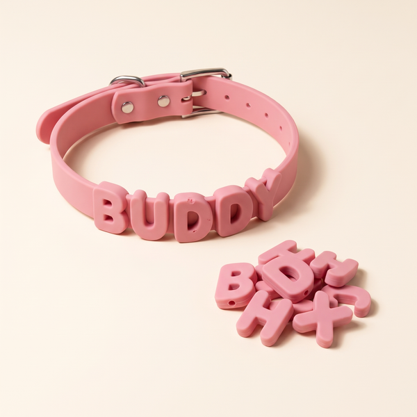 Pink silicone name collar and letter set bundle, studio flat-lay