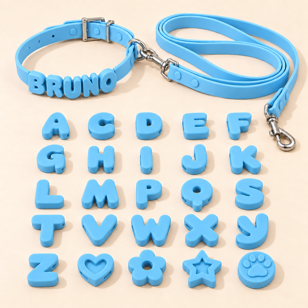 Blue silicone collar and leash set spelling BRUNO with blue letter charms