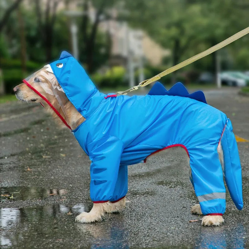 Dinosaur Dog Raincoat — Full-Coverage Hooded Rain Poncho with 3D Tail