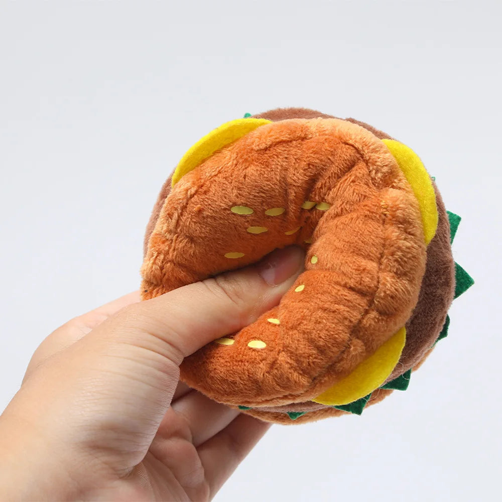 Squeaky Hamburger Plush Dog Toy — Crinkle Chew for Teeth Cleaning