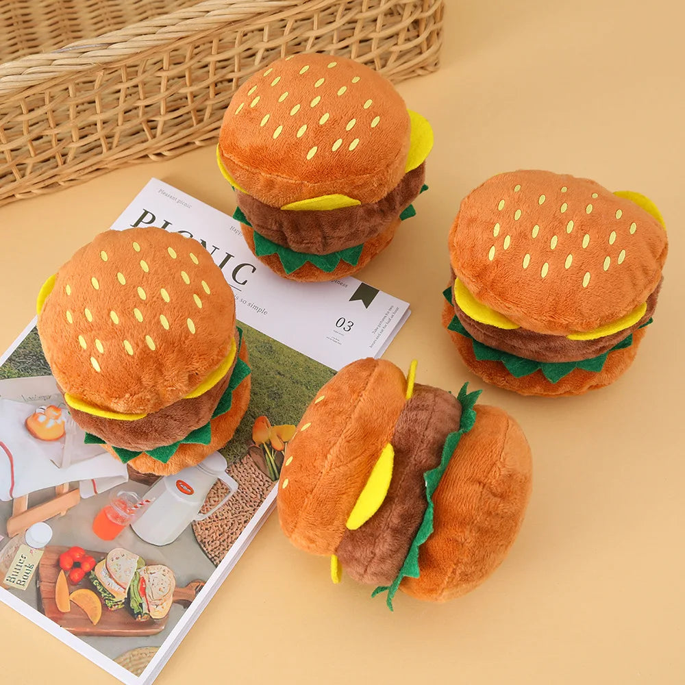 Squeaky Hamburger Plush Dog Toy — Crinkle Chew for Teeth Cleaning
