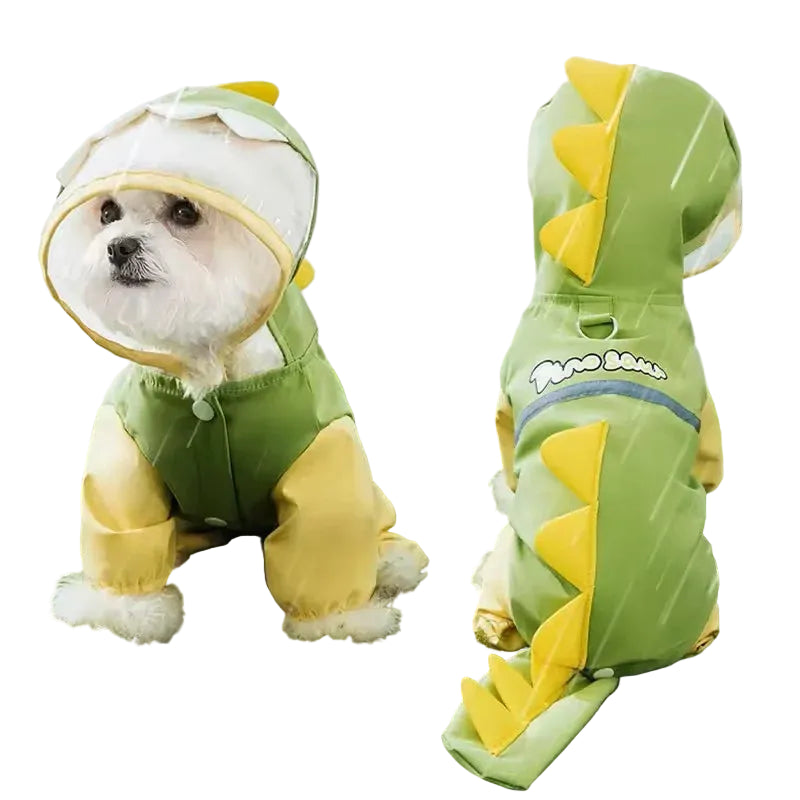Dinosaur Dog Raincoat — Full-Coverage Hooded Rain Poncho with 3D Tail