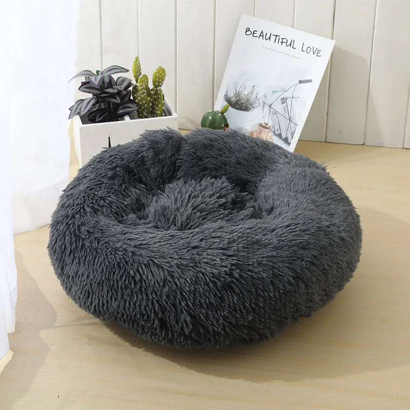 Round Long-Plush Cat Bed – Fluffy Cuddle Basket for Cats & Small Dogs