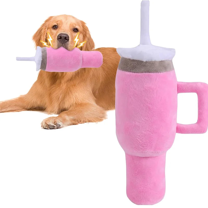 Pink squeaky cup plush dog toy — main product photo