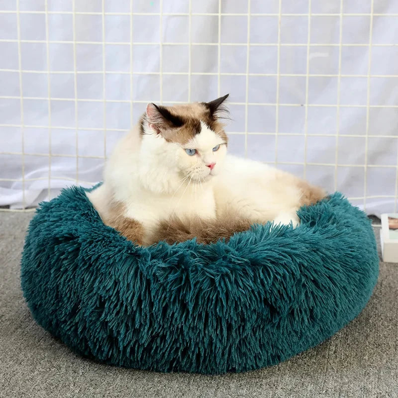 Round Long-Plush Cat Bed – Fluffy Cuddle Basket for Cats & Small Dogs