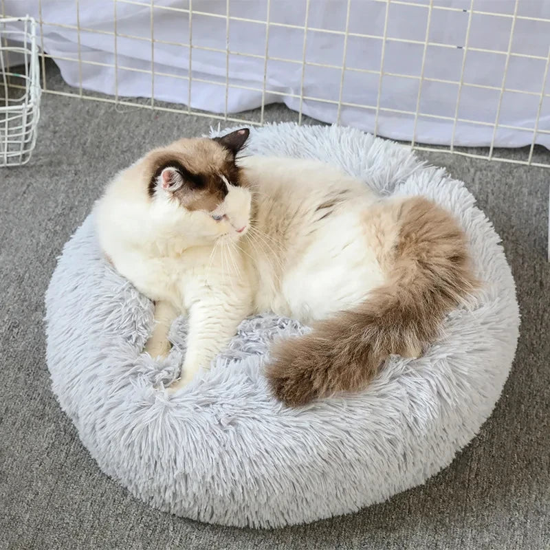 Round Long-Plush Cat Bed – Fluffy Cuddle Basket for Cats & Small Dogs