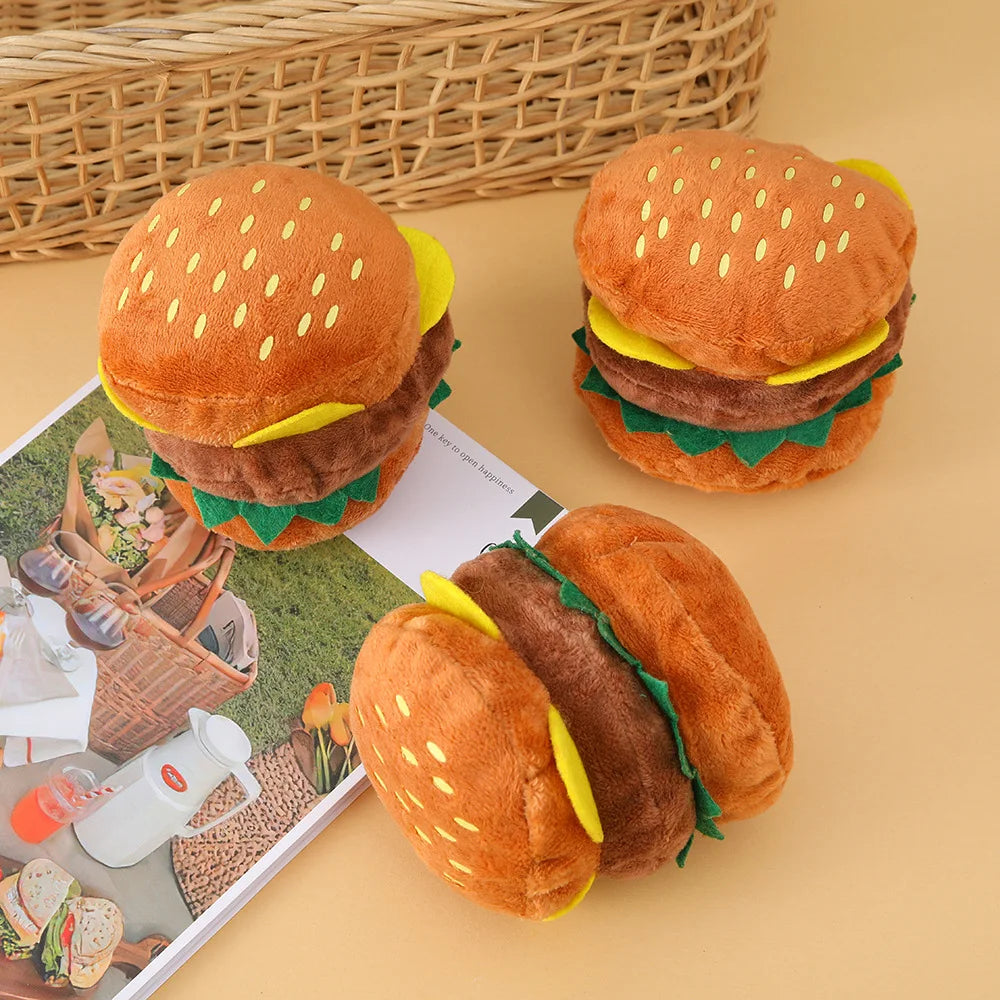 Squeaky Hamburger Plush Dog Toy — Crinkle Chew for Teeth Cleaning