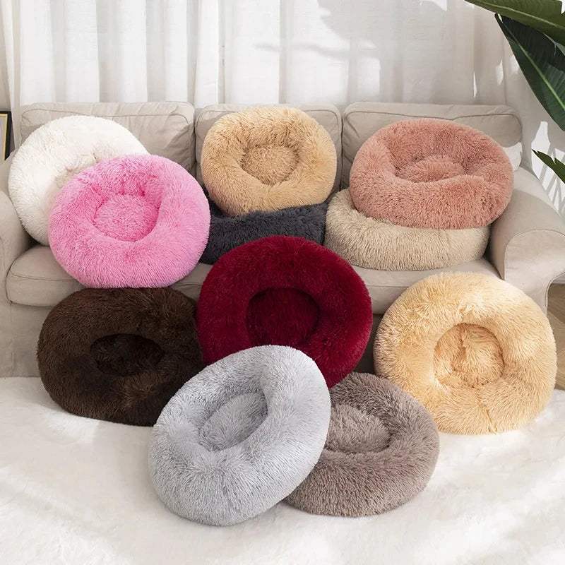 Round Long-Plush Cat Bed – Fluffy Cuddle Basket for Cats & Small Dogs