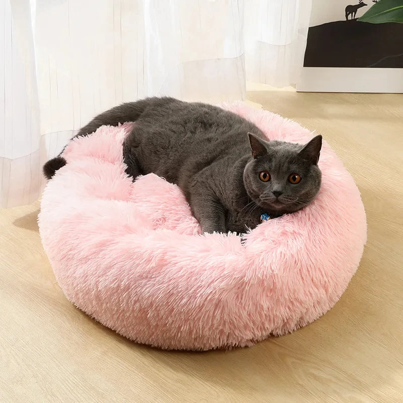 Round Long-Plush Cat Bed – Fluffy Cuddle Basket for Cats & Small Dogs