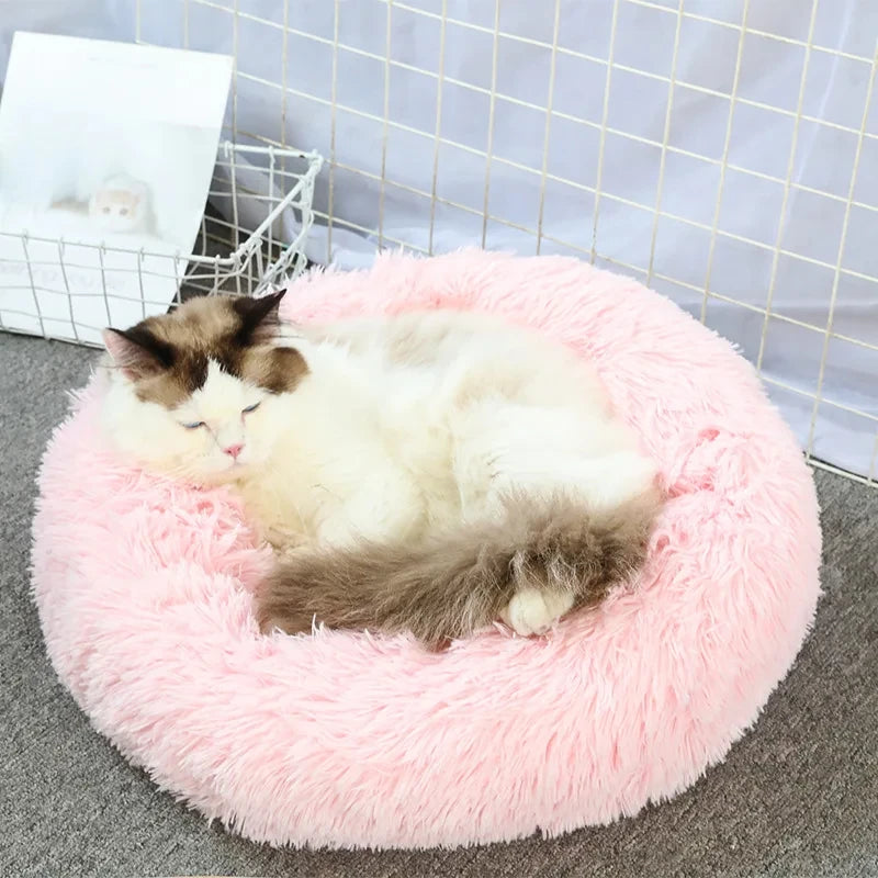Round Long-Plush Cat Bed – Fluffy Cuddle Basket for Cats & Small Dogs
