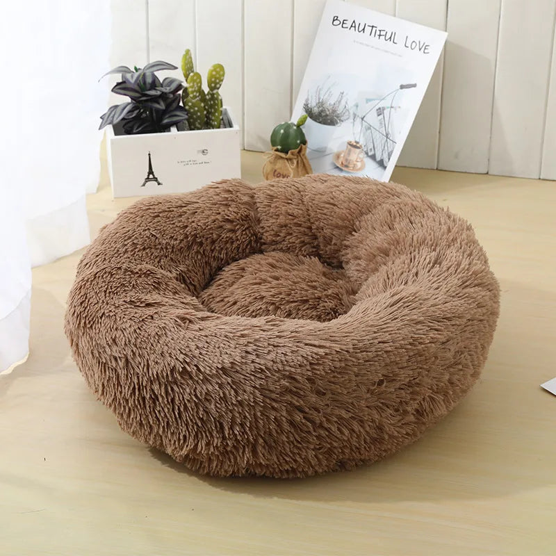 Round Long-Plush Cat Bed – Fluffy Cuddle Basket for Cats & Small Dogs