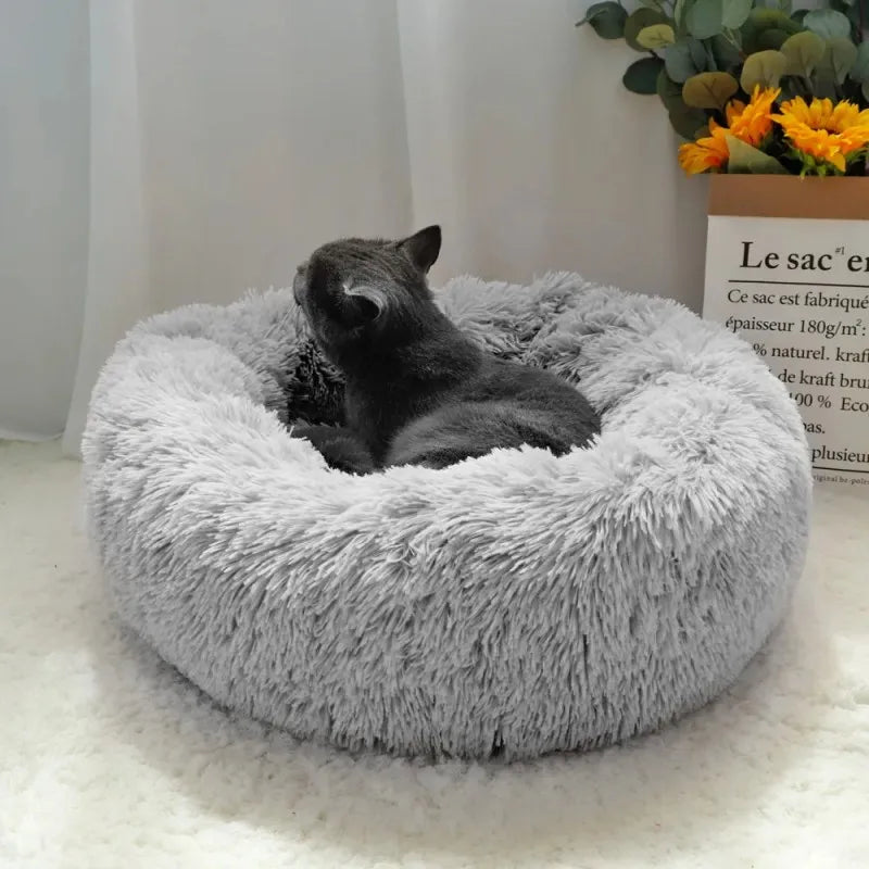 Round Long-Plush Cat Bed – Fluffy Cuddle Basket for Cats & Small Dogs