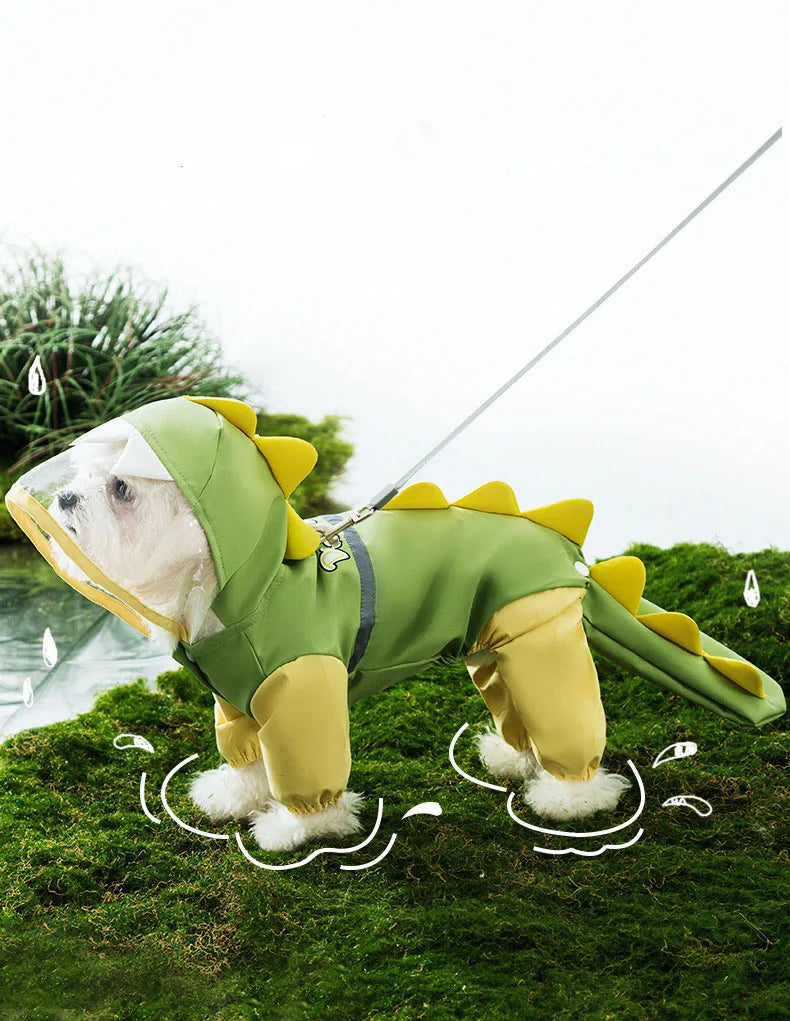 Dinosaur Dog Raincoat — Full-Coverage Hooded Rain Poncho with 3D Tail