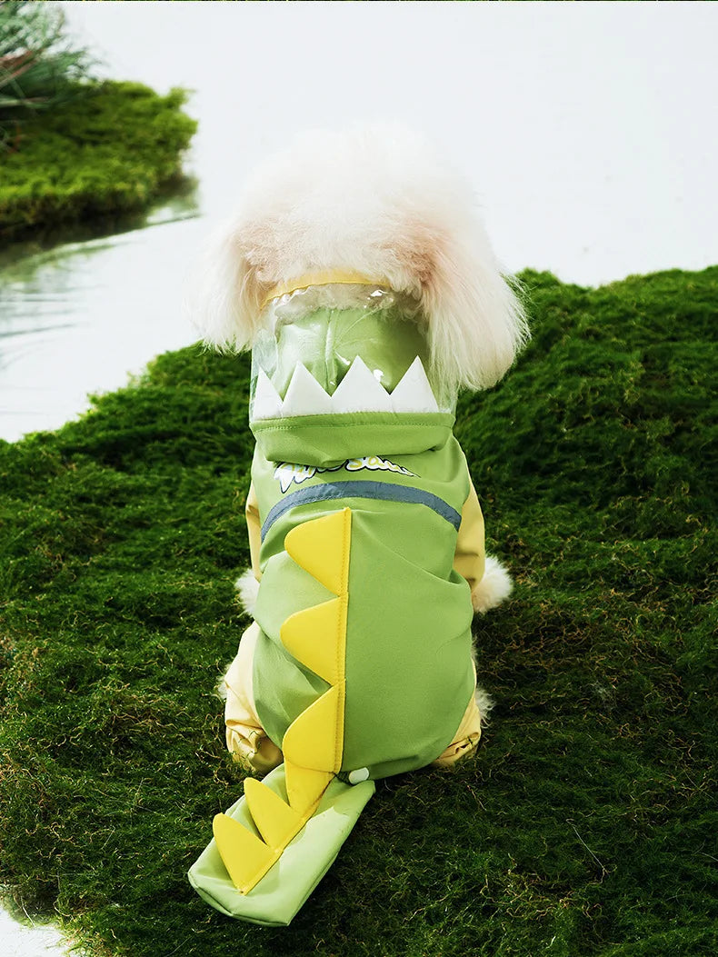 Dinosaur Dog Raincoat — Full-Coverage Hooded Rain Poncho with 3D Tail