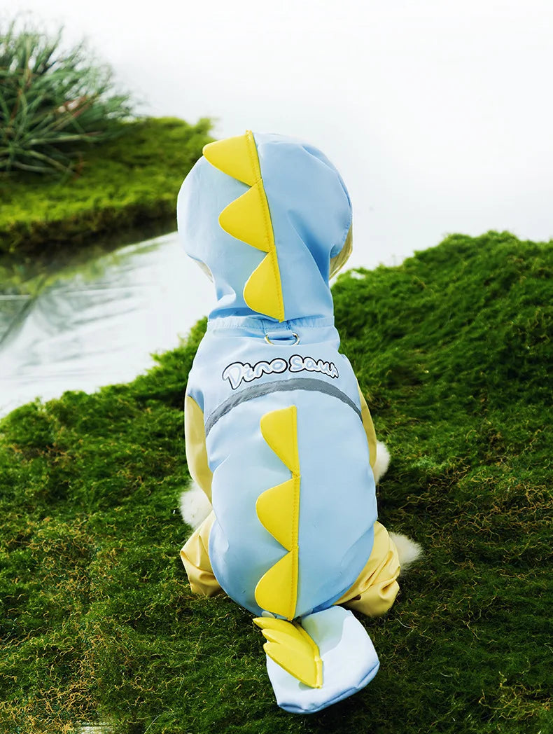 Dinosaur Dog Raincoat — Full-Coverage Hooded Rain Poncho with 3D Tail