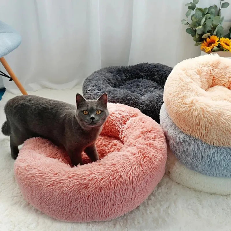 Round Long-Plush Cat Bed – Fluffy Cuddle Basket for Cats & Small Dogs