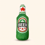 Beer bottle plush squeaky dog toy, green bottle with a red star and white BEER label