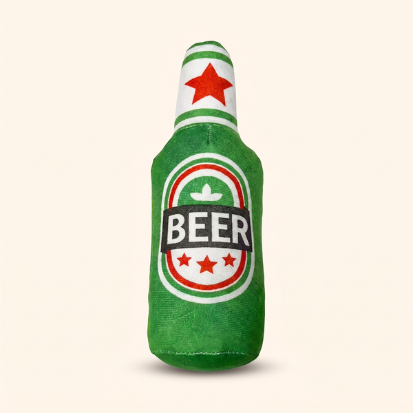 Beer bottle plush squeaky dog toy, green bottle with a red star and white BEER label