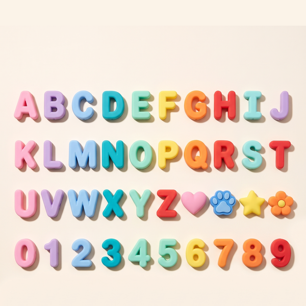 All available silicone name charms – A to Z, 0 to 9, heart, paw, star and flower in assorted colours