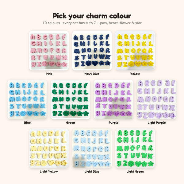 Silicone pet name charm color chart showing all 10 A–Z letter sets, from pink to light green