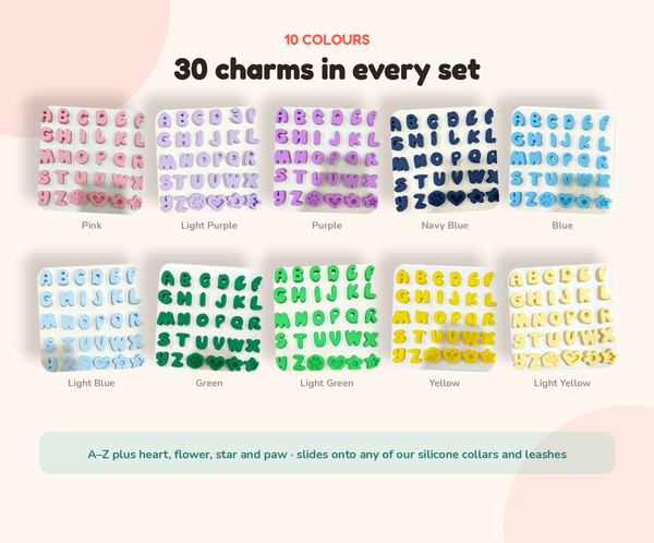 All 10 colours of the 30-piece silicone pet name charm set