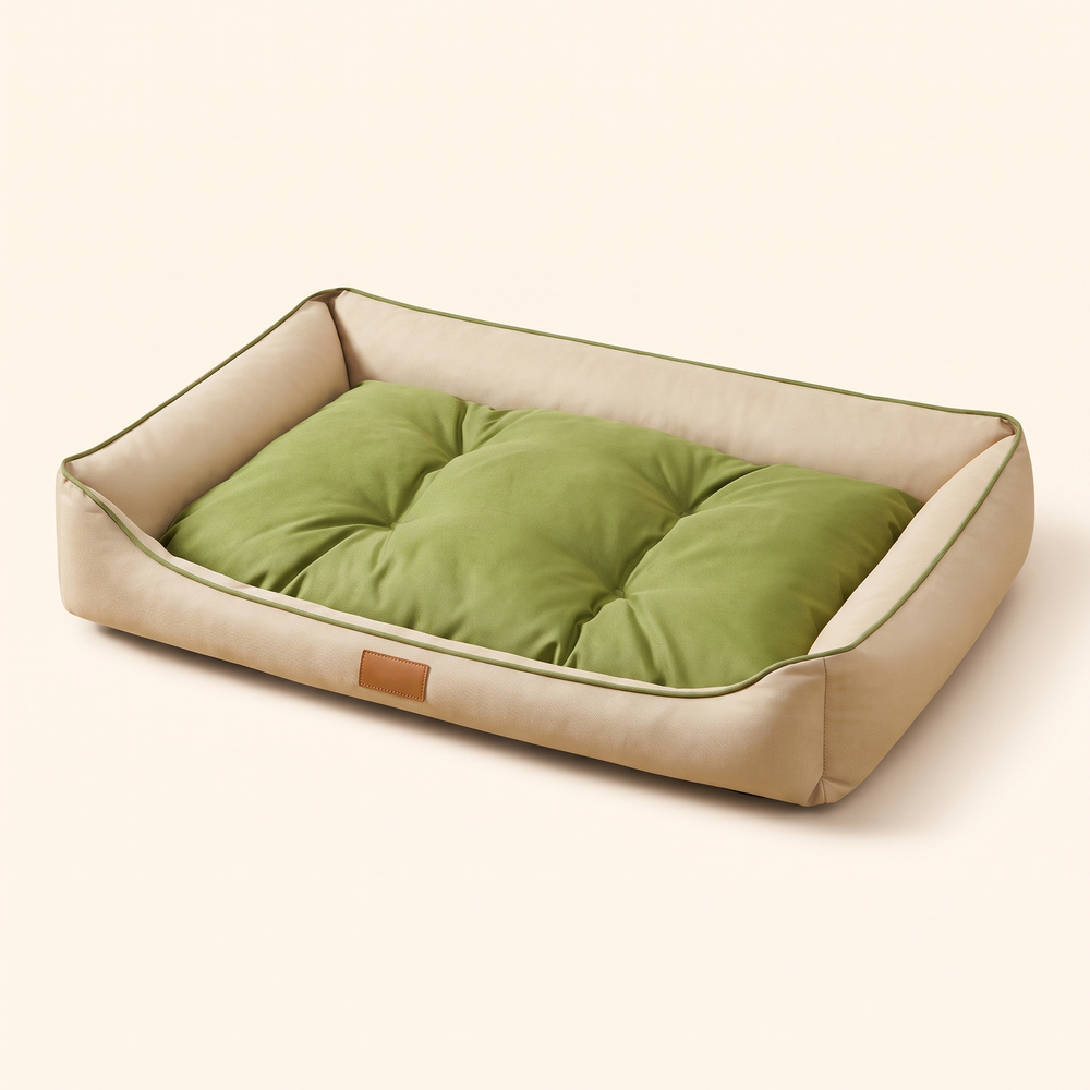 Large dog sofa bed with beige walls and green cushion