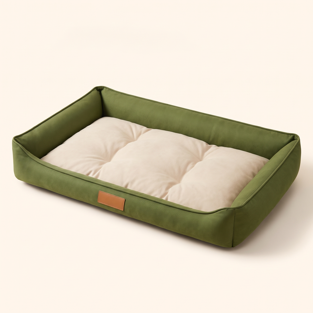 Large dog sofa bed with green walls and beige cushion