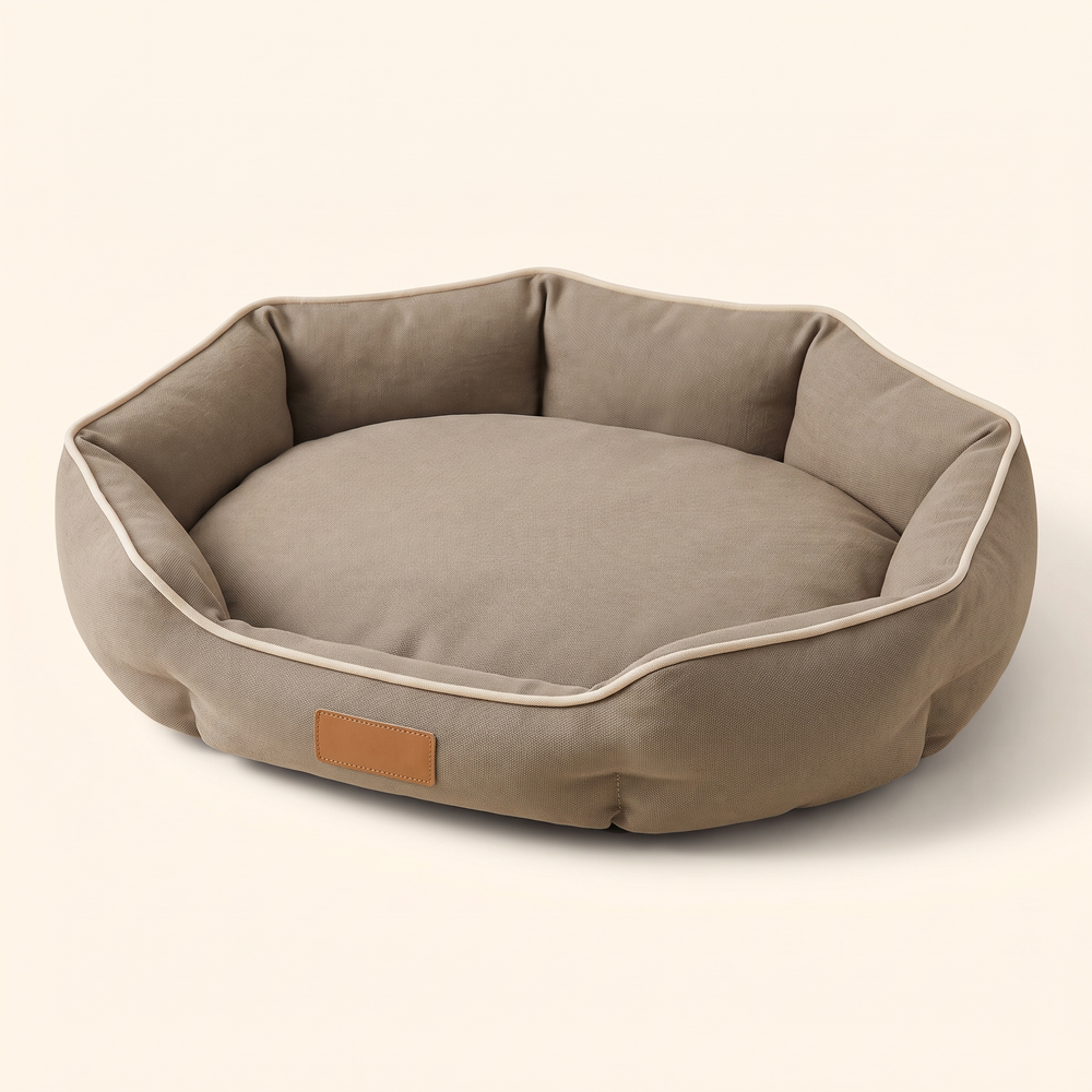 Large dog sofa bed in khaki, rounded bolster style
