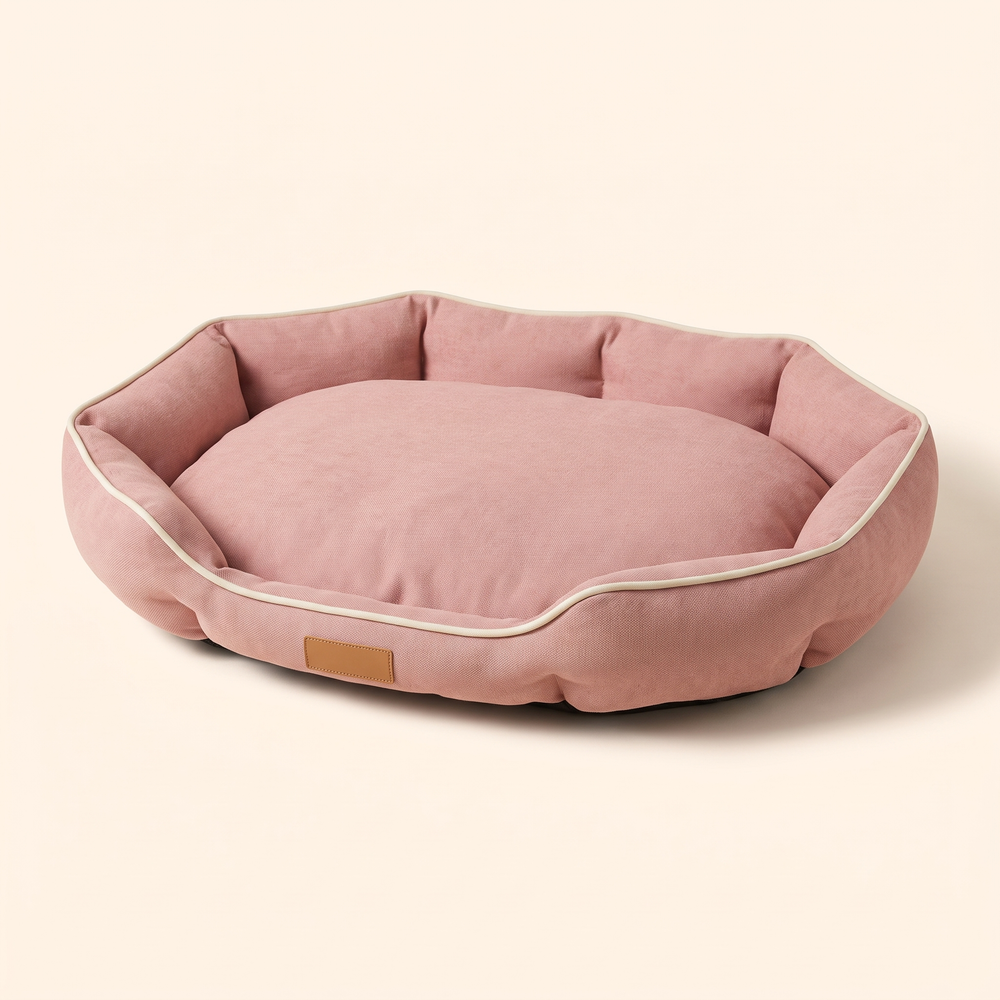 Large dog sofa bed in pink, rounded bolster style