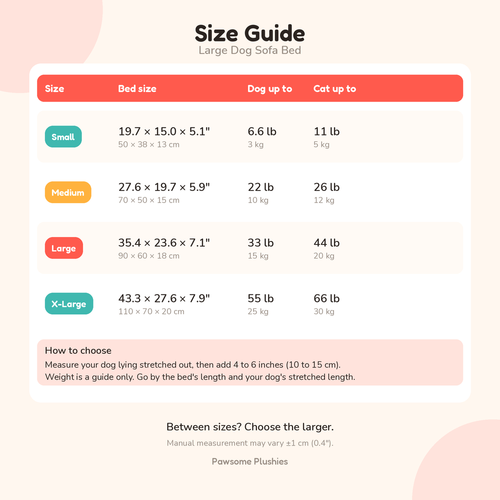 Large dog sofa bed size guide - bed dimensions and dog weight by size