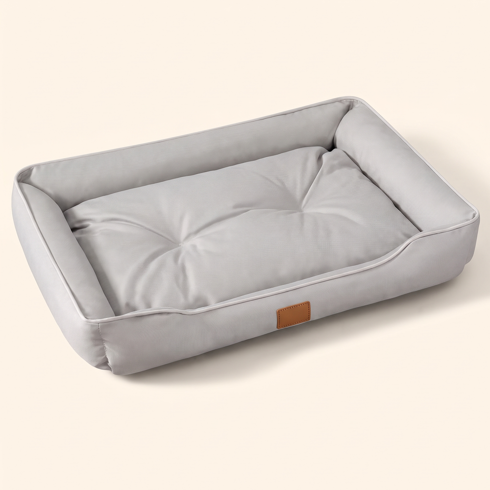 Large dog sofa bed in square light gray
