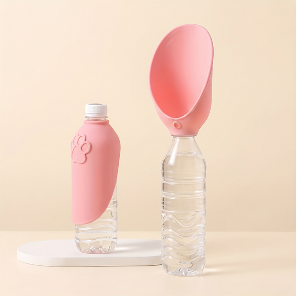 Pink silicone dog drinking tray closed and open side by side