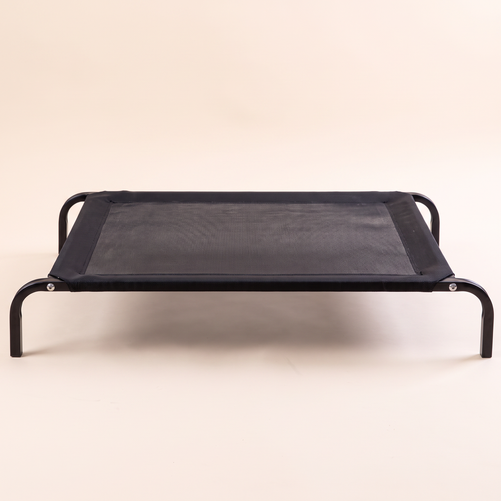 Elevated dog cot from a low side angle showing raised steel legs and airflow gap