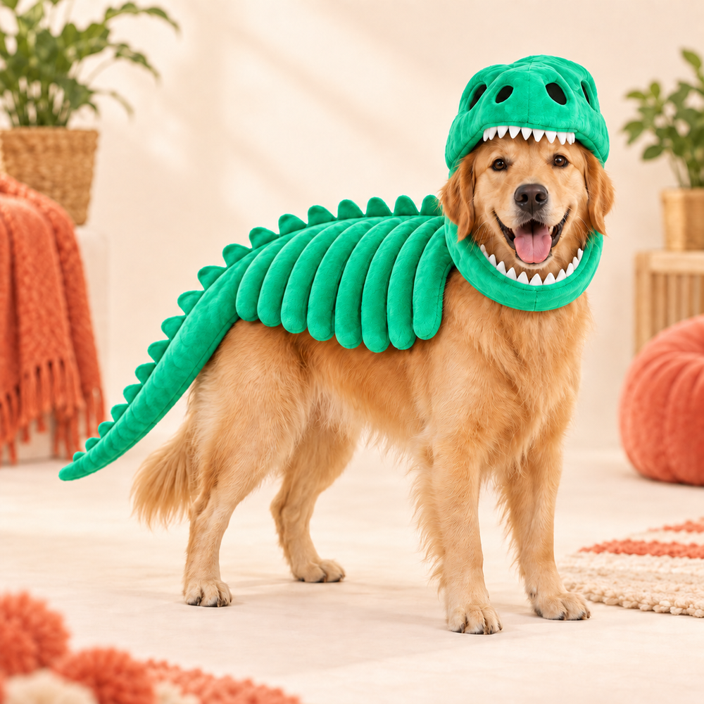 Plush Dinosaur Skeleton Pet Costume – Green (V2)