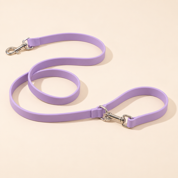 Silicone dog leash in lavender purple with a silver swivel snap hook at each end