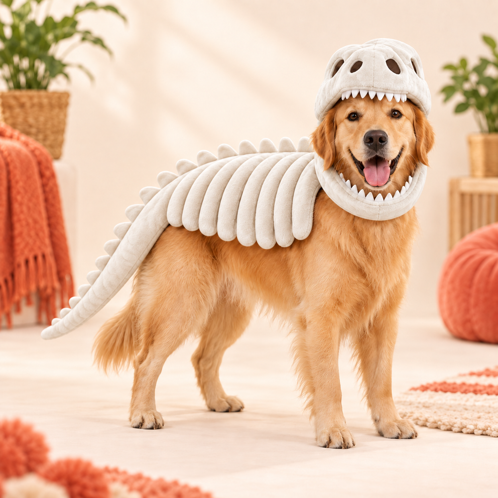 Plush Dinosaur Skeleton Pet Costume – White