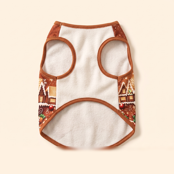 Gingerbread Christmas dog vest inside view, soft white lining with brown binding at the neck and armholes