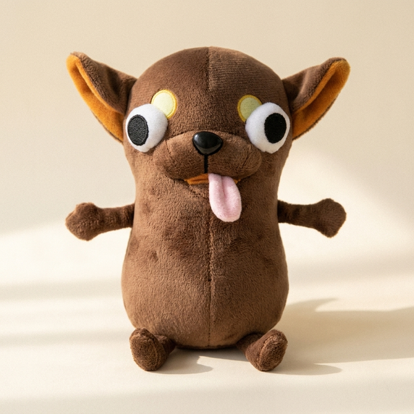 Funny chihuahua puppy plush figurine on cream studio background