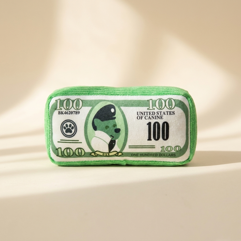 Funny money roll plush dog toy on cream studio background