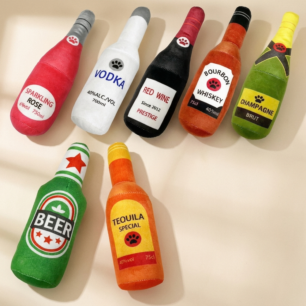 Happy hour bottle plush dog toy set on cream studio background