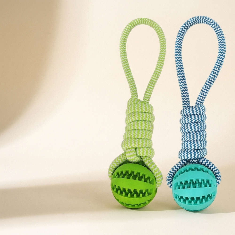IQ treat ball and rope dog toy on cream studio background