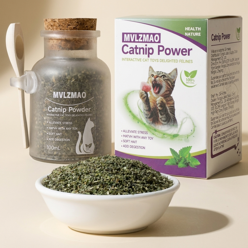 Silvervine powder for cats bottles on cream studio background