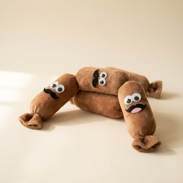 Squeaky sausage plush dog toy on cream studio background