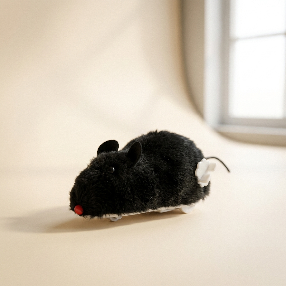 Wind-up robotic mouse cat toy on cream studio background