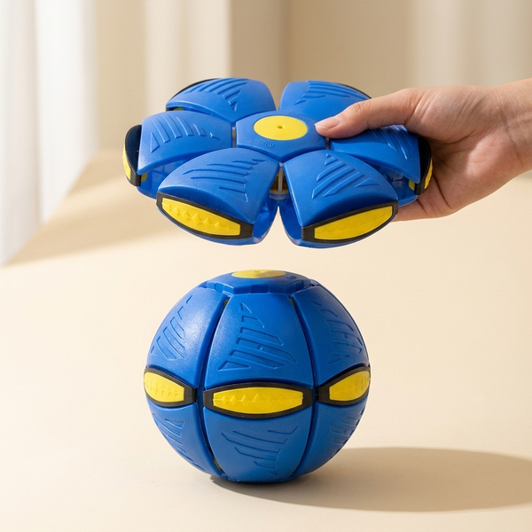 Interactive UFO pop-up ball dog toy on a cream studio background