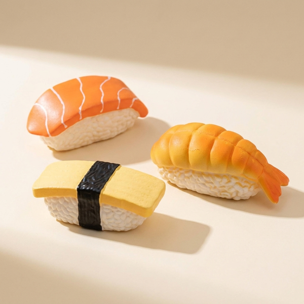 Sushi-shaped latex squeaky dog toys on a cream studio background